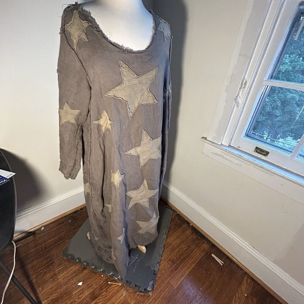 Magnolia Pearl Cassiel European Linen Star Appliqué Maxi Dress Clay Gray Tunic